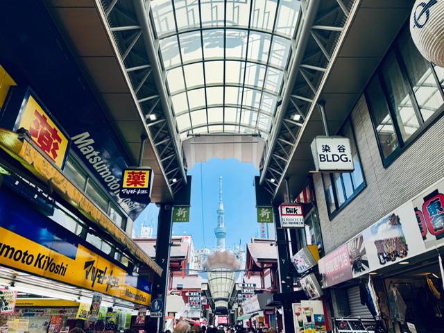 浅草の新仲見世商店街から見えるスカイツリー