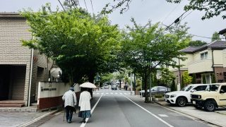 成城の閑静な住宅街を歩く高齢者夫婦