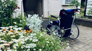 団地に咲く花と車いす